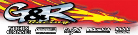 1968 Ford Mustang - A web banner graphic for "G&R Racing" with chrome lettering over red and yellow flames, listing sponsor logos below: Whitton Companies, Gei…