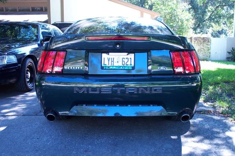 2001 Ford Mustang - Rear view of a dark green 2001 Ford Mustang with "Bullitt" badging and a visible license plate.