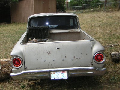 1972 Ford Ranchero - This 1960 Ford Ranchero is seen from the rear, with a radiator placed in its truck bed.