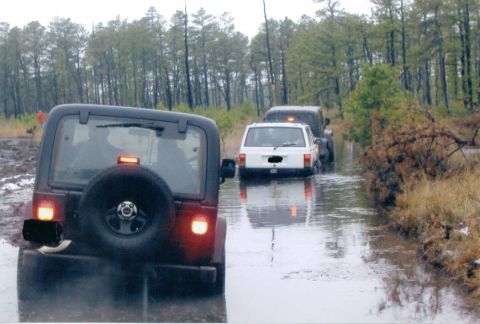 1997 Jeep TJ - Multiple Jeeps navigate a flooded trail, with the lead vehicle showing its rear and spare tire.