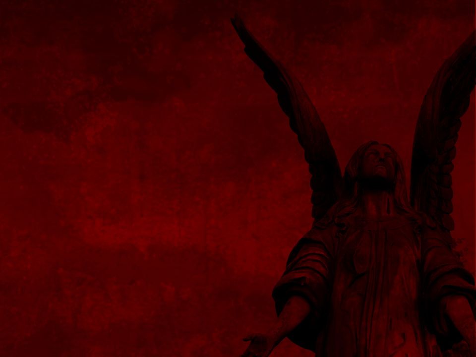Dark red wallpaper graphic of a winged angel statue silhouette