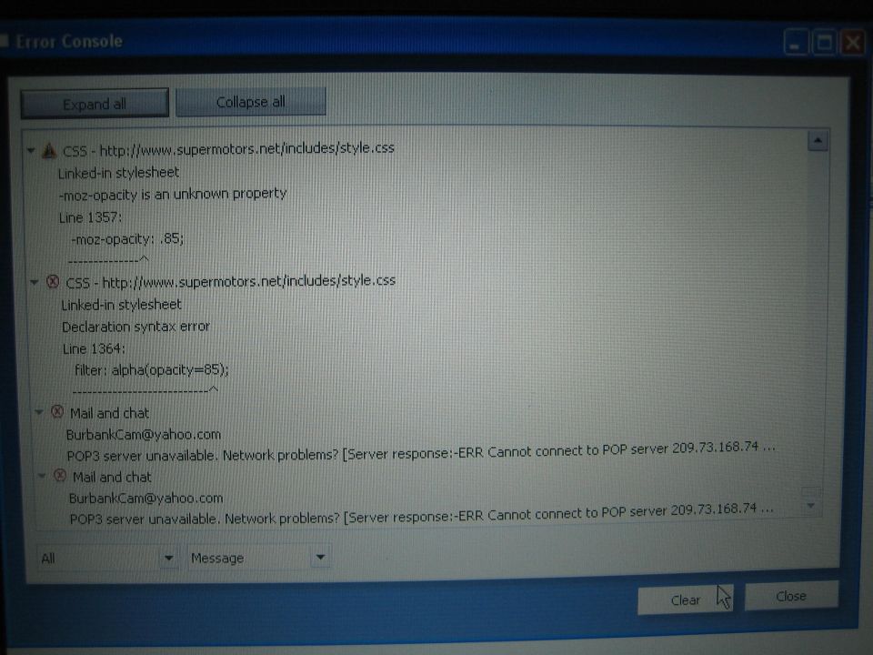 Computer screenshot of a browser Error Console window showing CSS and mail errors