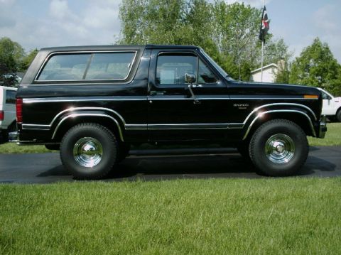 1984 Ford Bronco - This black 1984 Ford Bronco is shown from the side, parked on a grassy lawn.