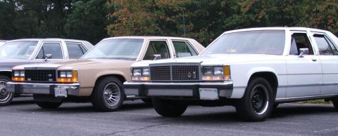 1985 Ford LTD Crown Victoria - Multiple Ford Panther platform sedans are lined up, showing their front 3/4 views.