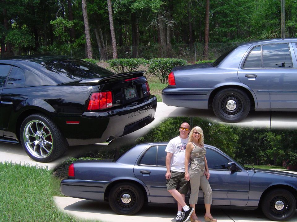 Collage of black Mustang GT, gray Crown Victoria sedan, and couple posing by the sedan
