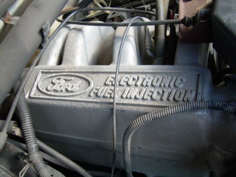 1988 Ford Bronco - Close-up of a cast aluminum intake manifold in an engine bay with the Ford oval and raised "ELECTRONIC FUEL INJECTION" lettering on its sid…