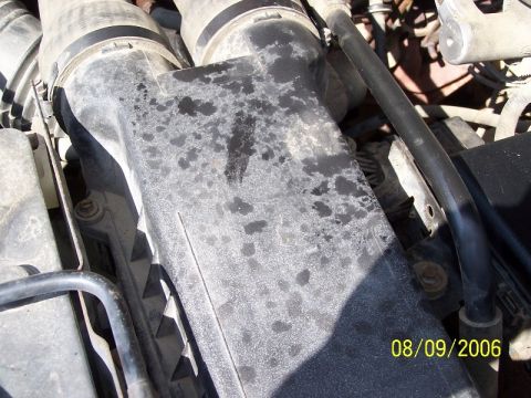1992 Ford Bronco - The air intake housing shows significant staining and dust accumulation, indicating it's a part of the engine compartment.