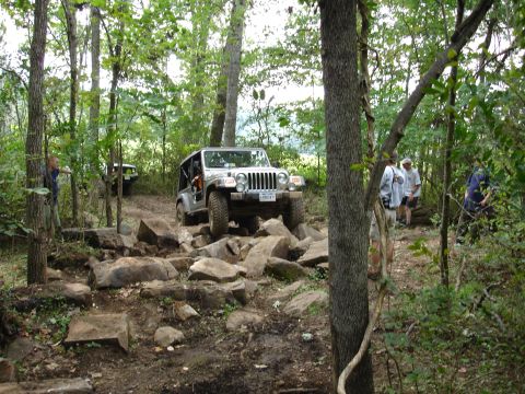 1996 Ford Bronco - Off-roading scene with a Jeep Wrangler tackling a challenging rocky path in a wooded area.