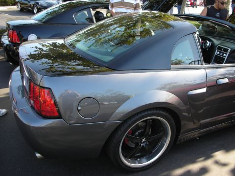 1992 Ford Crown Victoria - Rear view of a gray Ford Mustang convertible, with another Mustang behind it.
