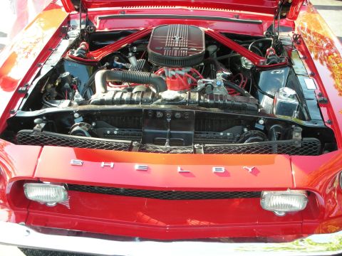 1992 Ford Crown Victoria - The engine bay of a red car, the word 'SHELBY' across the front grille area.