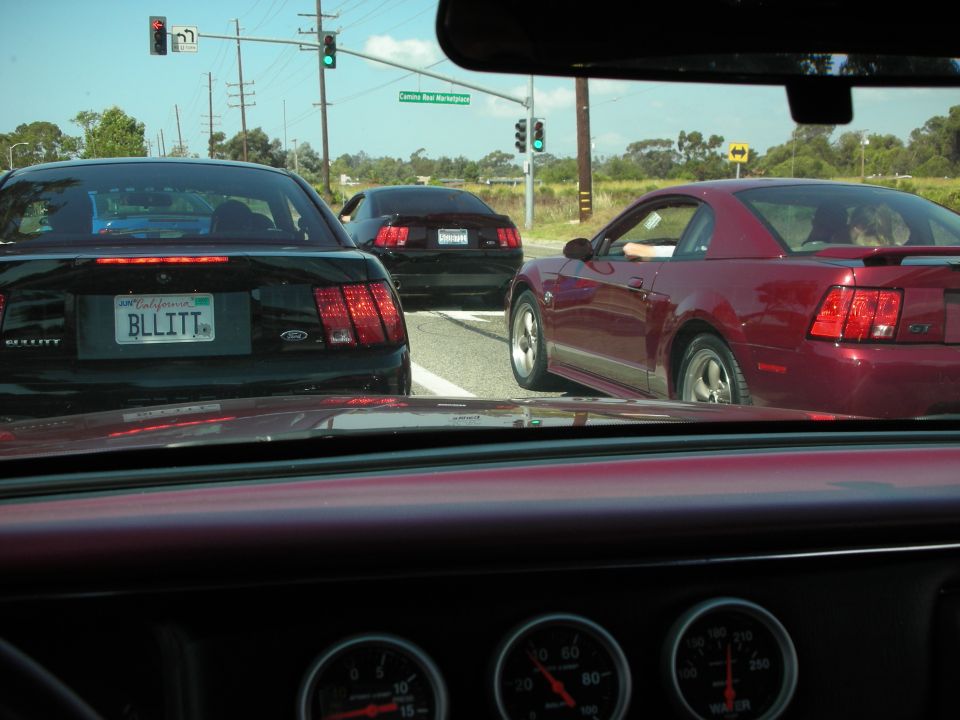 Three Ford Mustangs in traffic, one black with a California plate reading BLLITT, one red, and one black in the distance