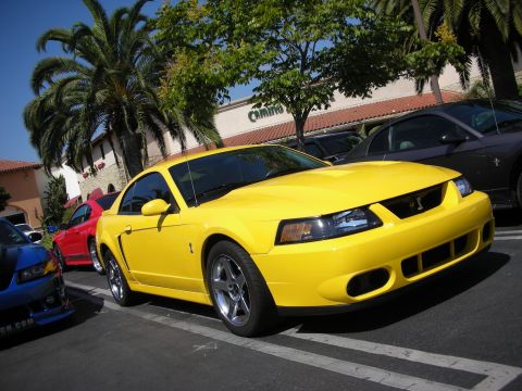 1992 Ford Crown Victoria - A bright yellow Ford Mustang is parked in a lot with other cars visible.