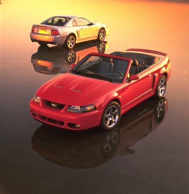 2003 Ford Mustang - Two Ford Mustangs, a red convertible and a silver coupe, are shown on a reflective surface at sunset.