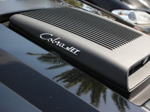 1992 Ford Crown Victoria - A black hood scoop with "Cobra Jet" badging is visible, reflecting palm trees.