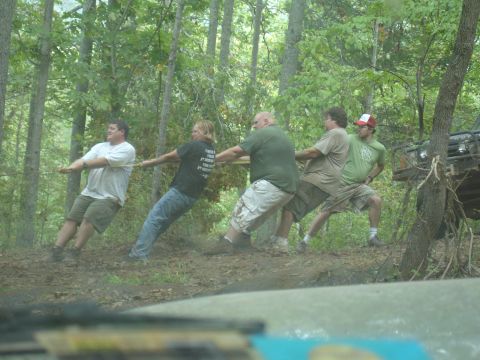 1996 Ford Bronco - People participate in a tug of war competition in a wooded area, with an off-road vehicle visible on the right.