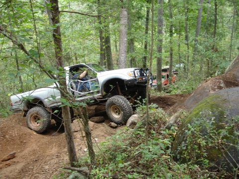 1996 Ford Bronco - Multiple off-road trucks traverse a challenging trail through a dense forest.