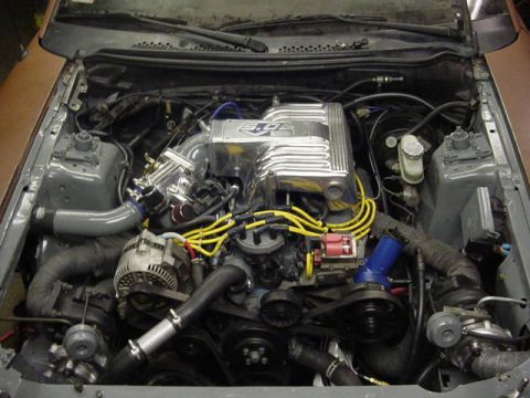 1995 Ford Mustang - The engine bay of a 1995 Ford Mustang shows a V8 engine with custom chrome intake and yellow spark plug wires.