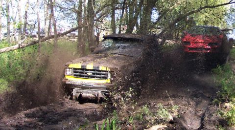 1978 Ford Bronco - A yellow truck with black stripes churns up mud while driving through a wooded area, with another vehicle visible in the background.