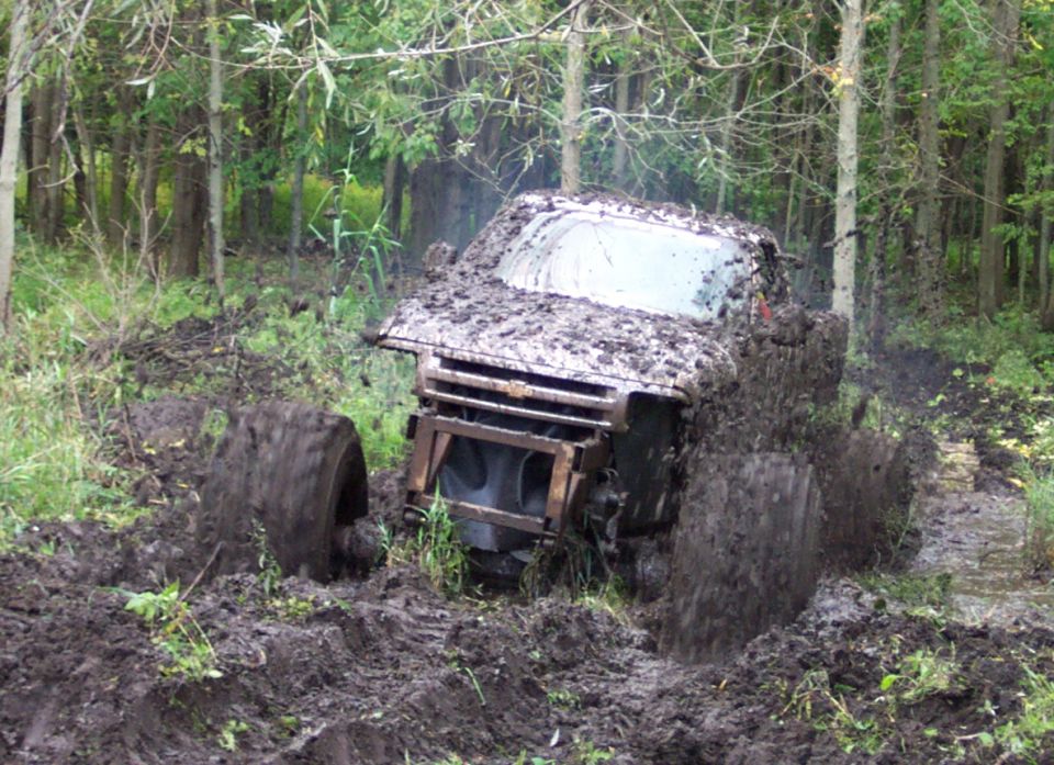 Muddy off-road vehicle stuck deep in a wooded area with tires submerged