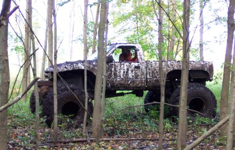 1978 Ford Bronco - A heavily muddied pickup truck sits among trees, its large tires suggesting off-road use.