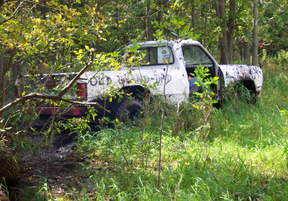 White pickup truck with 'OLD GRAND-DAD' painted on the side, partially hidden by trees and tall grass