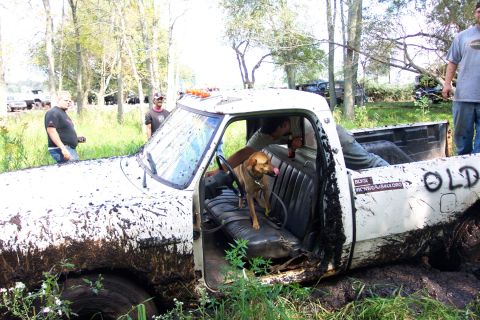 1978 Ford Bronco - A white pickup truck is stuck in the mud with a dog inside and people standing around.