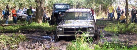 1978 Ford Bronco - A muddy pickup truck is stuck in a ditch while a Jeep and onlookers watch the off-road scene.