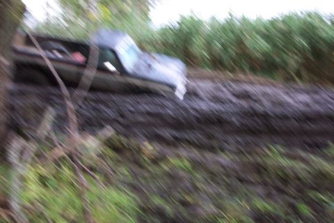 1978 Ford Bronco - This truck appears to be stuck in a muddy area, possibly off-road or in a swampy environment.