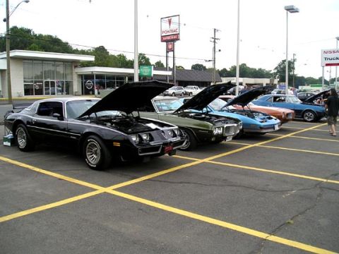 1994 Pontiac Trans Am - Several Pontiac Firebirds are lined up with their hoods open in a parking lot.