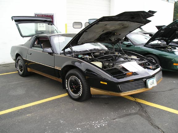 Black Pontiac Firebird with hood and trunk open, gold trim, parked next to a green car