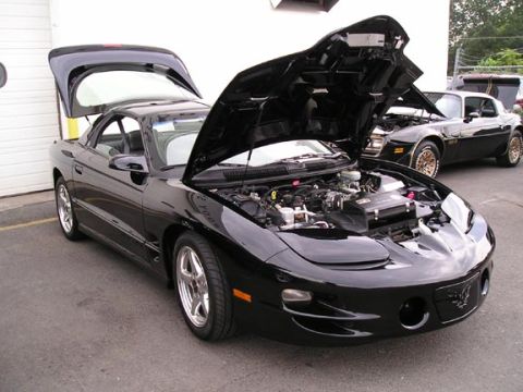 1994 Pontiac Trans Am - Two black Pontiac Trans Ams are parked outside, one with its hood and trunk open, revealing the engine.