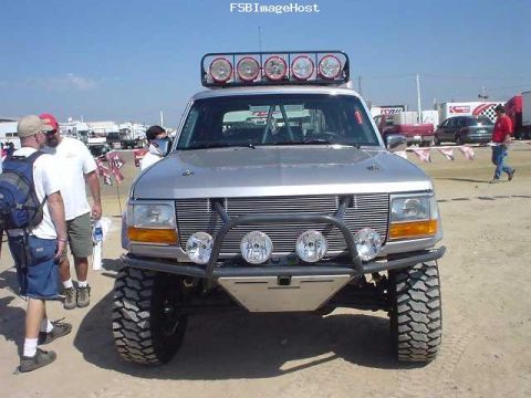 1996 Ford Bronco - This modified 1996 Ford Bronco is equipped for off-road use with extra lights and a reinforced bumper.