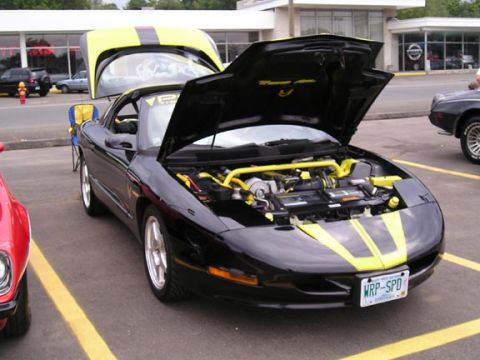 1994 Pontiac Trans Am - A black 1994 Pontiac Trans Am with yellow racing stripes is displayed with its hood open, revealing the engine bay.