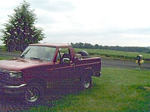 1994 Ford Bronco - A maroon pickup truck sits in a field under a cloudy sky.