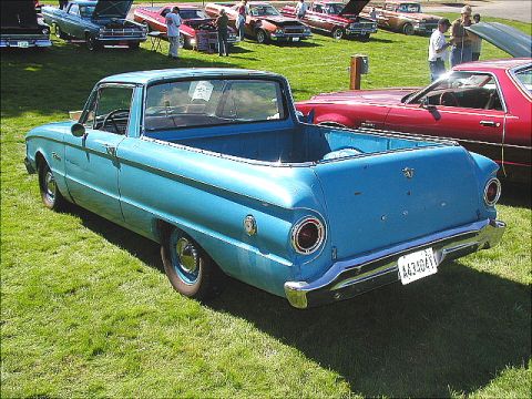 1967 Ford Ranchero - A blue 1963 Ford Falcon Ranchero pickup truck is seen from the rear at an outdoor car show.