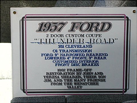 1967 Ford Ranchero - This sign details a 1957 Ford "Thunder Road" custom coupe, not a 1967 Ranchero.