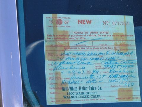 1967 Ford Ranchero - A close-up of a 1967 California Department of Motor Vehicles notice, detailing a vehicle purchase.