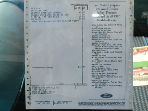 1967 Ford Ranchero - This window sticker details the options and safety features for a 1967 Ford Ranchero.