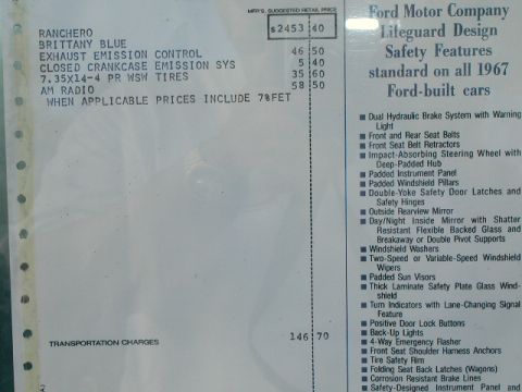 1967 Ford Ranchero - Window sticker for a 1967 Ford Ranchero, listing options like Brittany Blue paint, emission controls, and AM radio, with a total price of $…
