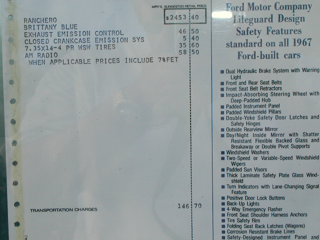 1967 Ford Ranchero window sticker options list with $2453.40 base price and Lifeguard safety panel
