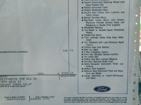 1967 Ford Ranchero - Window sticker details for a vehicle, showing options, pricing, and dealer information.