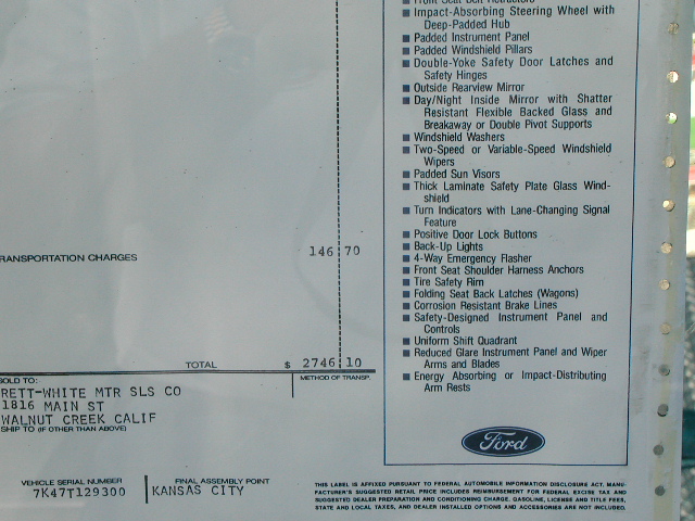 1967 Ford Ranchero window sticker total $2746.10, VIN 7K47T129300, Kansas City final assembly point