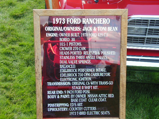 Car-show spec placard for a 1973 Ford Ranchero with 429 engine details