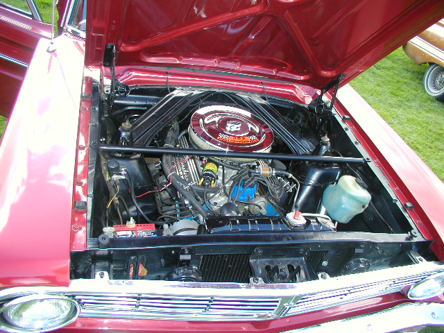 1967 Ford Ranchero engine bay with chrome air cleaner and V8 engine