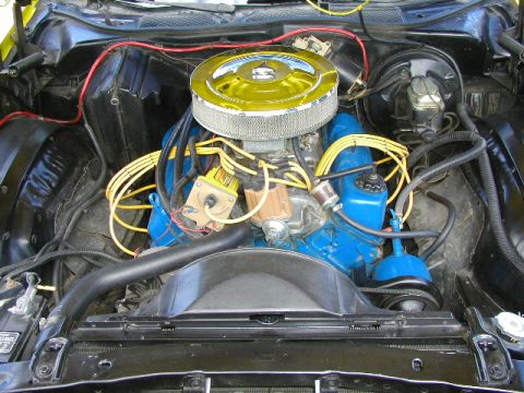1967 Ford Ranchero - Engine bay view of a Ford V8 with blue painted block and chrome air cleaner.