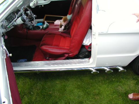 1967 Ford Ranchero - The interior of a white 1967 Ford Ranchero features red seats, a unique chain-wrapped steering wheel, and fuzzy dice hanging from the rearv…