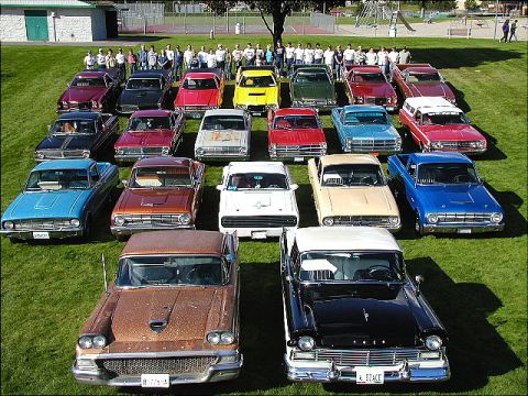 1967 Ford Ranchero - A gathering of vintage Ford vehicles, including several Rancheros and other models, parked in formation on a sunny day.
