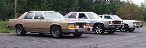 1985 Ford LTD Crown Victoria - Three sedans, a tan 1980s model and two white models, are parked in a line on an asphalt surface.