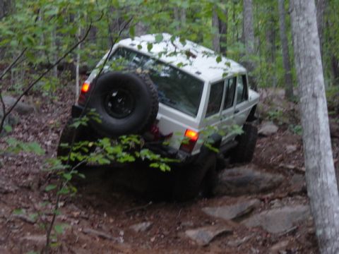 1991 Ford Bronco - This Jeep Cherokee XJ navigates a rocky path through a dense forest.