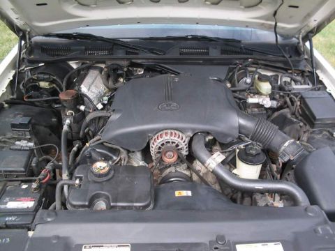 1998 Ford Crown Victoria - The engine bay of a Ford Crown Victoria is pictured, revealing the V8 engine and associated parts.